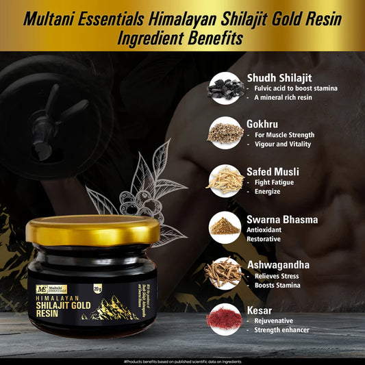 Multani Himalayan Shilajit Gold Resin I Ayurvedic Formula packed with 24 Carat Swarna Bhasma (Gold) & more then 70% fulvic acid, Shudh Shilajit & Ashwagandha | Boosts Muscle Repair & Recovery, Relieves Joint Pain and Improves Stamina, Men & Women