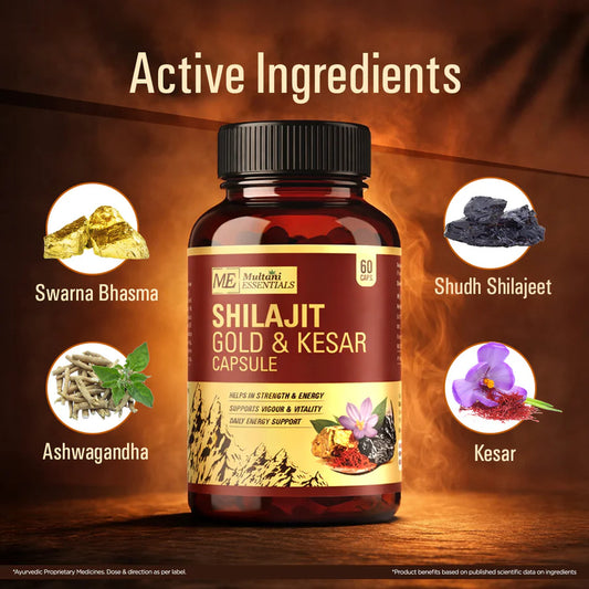 Multani Essentials Shilajit Gold & Kesar Capsules | Daily Energy, Stamina, Strength, Vigour & Vitality Support | With Ashwagandha, Swarna Bhasma & Shudh Shilajit | - 60 Caps (16.65/Per Capsule)