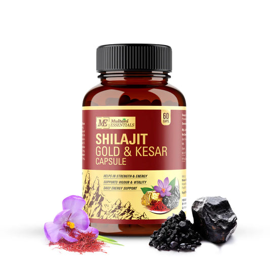 Multani Essentials Shilajit Gold & Kesar Capsules | Daily Energy, Stamina, Strength, Vigour & Vitality Support | With Ashwagandha, Swarna Bhasma & Shudh Shilajit | - 60 Caps (16.65/Per Capsule)